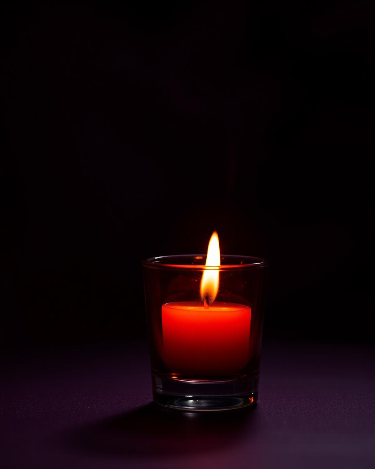 Warm candle against a deep plum backdrop